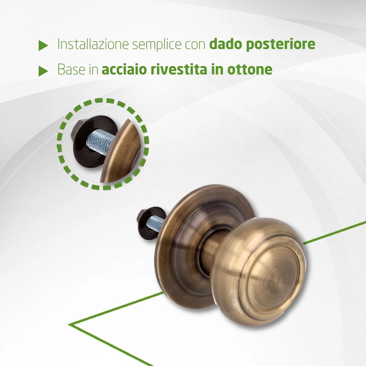 Amig - Pomolo per Porta d’Ingresso Mod.15 - Pomolo Rotondo con Impugnatura Ergonomica e Fissaggio Incluso - Ø70 mm - Ottone - Cuoio