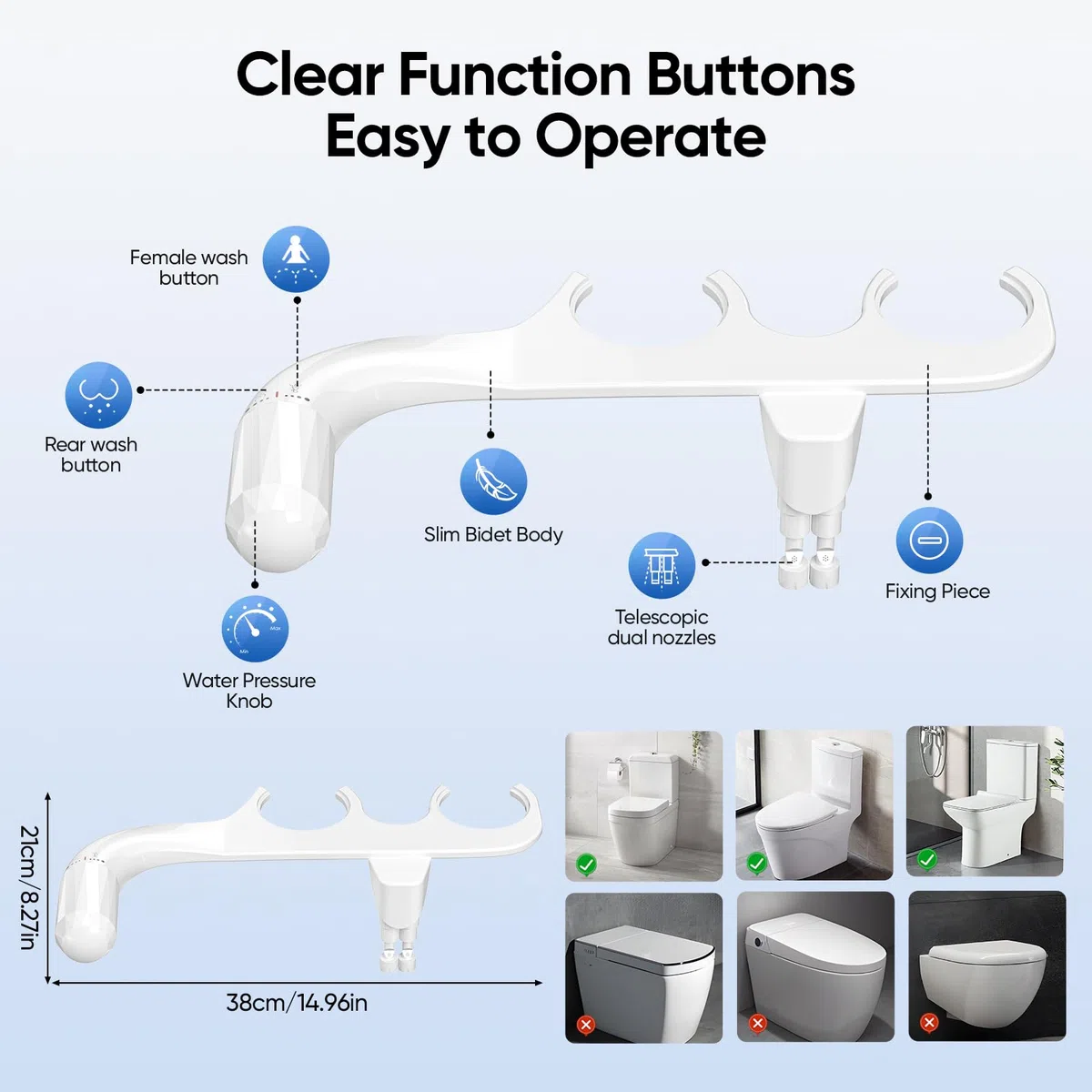 Bidet per WC Acqua Fredda, Bidet Portatile per WC Non Elettrico Pressostato regolabile Sottile Bidet Doppio ugello autopulente retrattile adattatore per bidet per WC