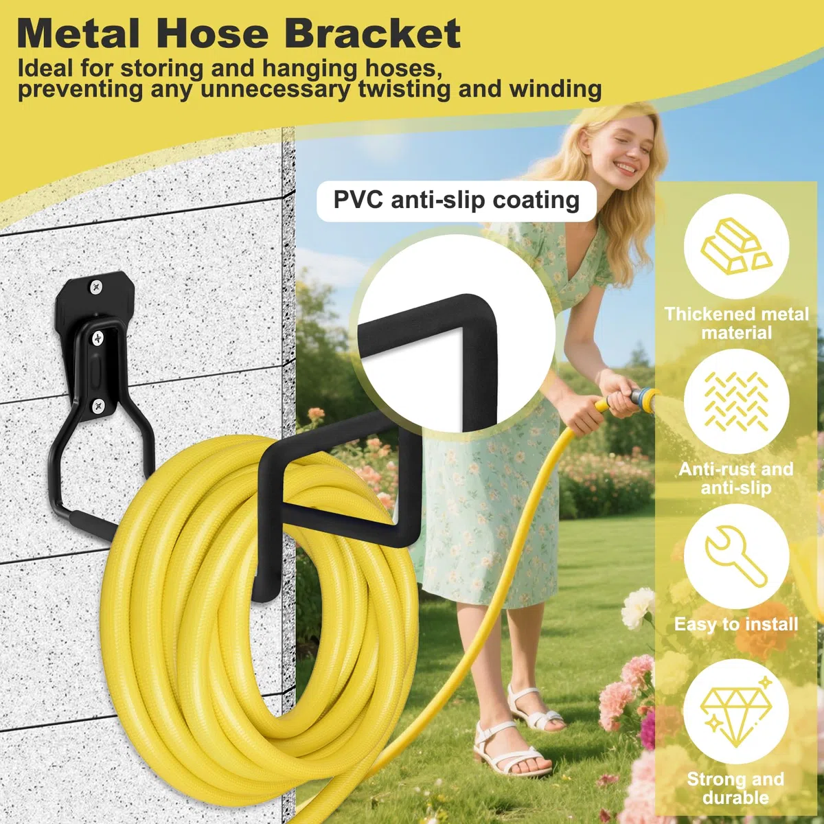 2 Pcs Porta Tubo Giardino Metallo, Supporto Tubetto Flessibile Appendere Parete, Ganci Tubone Acqua Ferro Robusti, Utensili Organizzazione Domestico Durevole per Esterno, Garage, Biciclette (Nero)