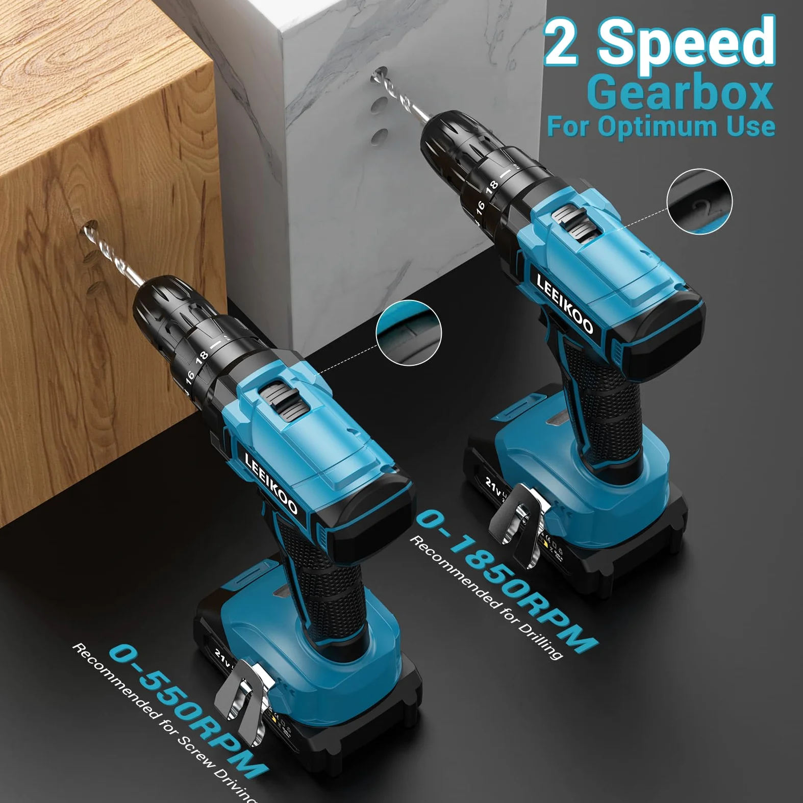 Trapano Avvitatore Batteria 21V, LEEIKOO Avvitatore Elettrico con Batteria da 2.0Ah, 42N.m di Coppia, 2 Velocità, 18+1 Coppia, 20 Accessori, Luce a LED, Per il fai da te, in Casa e Giardino