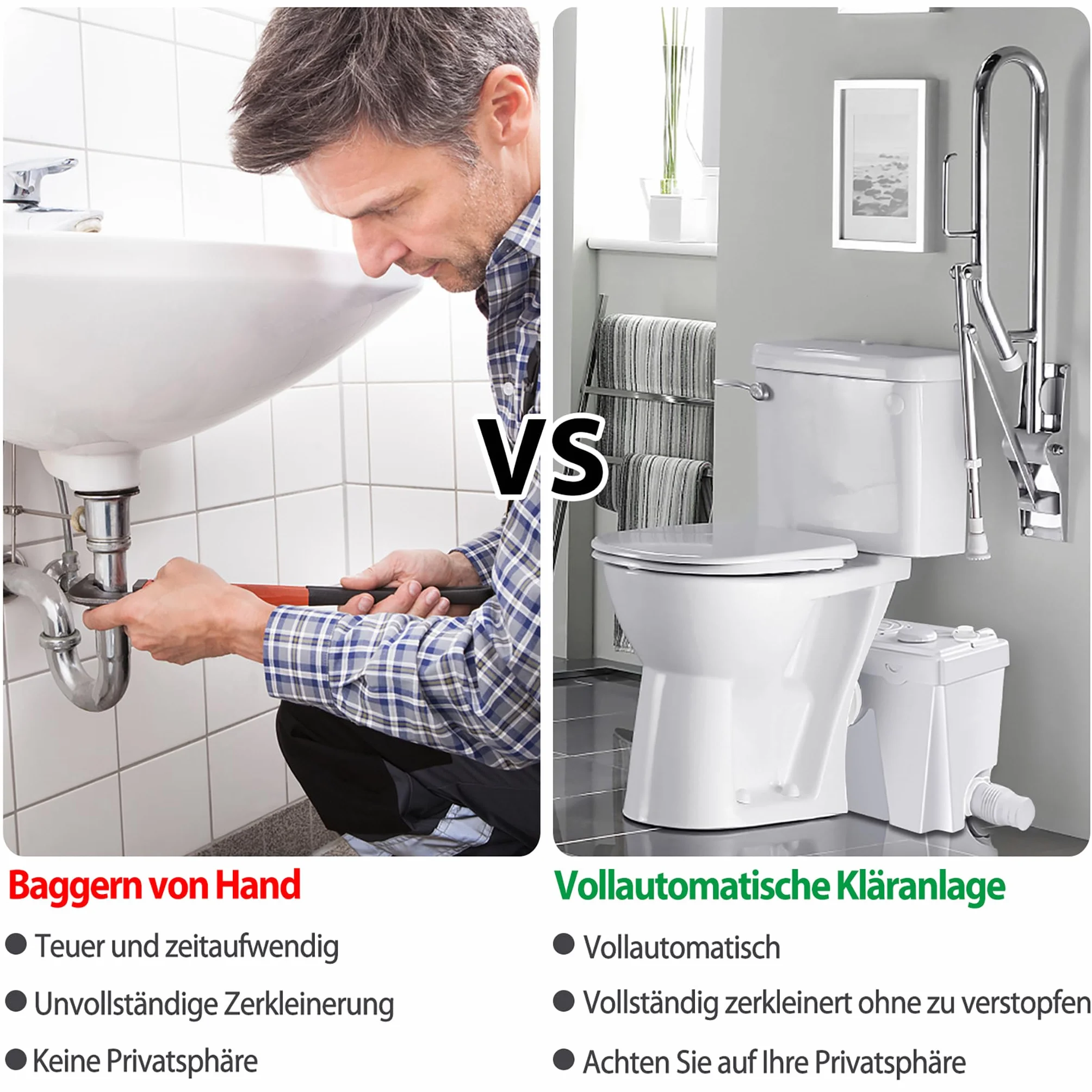 LARS360 Trituratore Maceratore sanitario pompa, 700W, 180 L/min, pompa di fecale con valvola di non ritorno integrata, adatto per cucina, WC