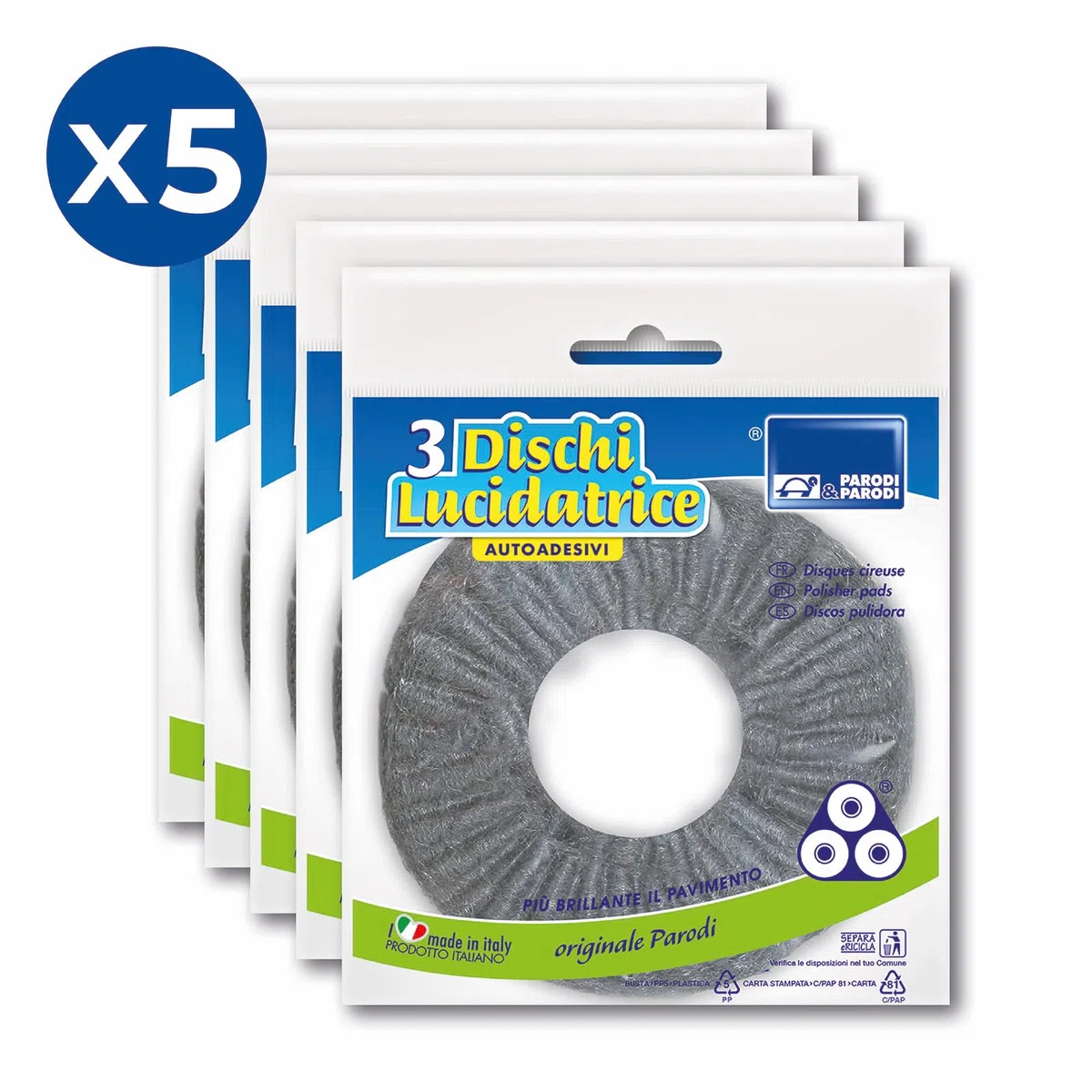 PARODI & PARODI- Discolux Disco Ricambio per Lucidatrice Pavimenti, Disco in Lana d'Acciaio Ideale per Pavimenti in Marmo, 5 Pezzi in Colore Grigio, Made in Italy, Dia 12,5