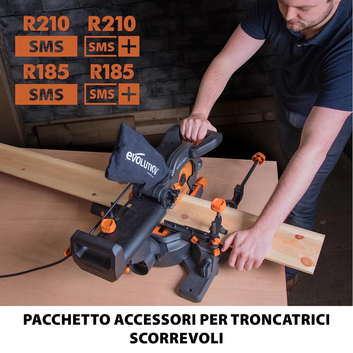 Evolution Power Tools R210SMS Pacchetto accessori per troncatrice - Include 2 morsetti, sacchetto raccolta polvere e adattatore per attacco aspiratore - 210 mm