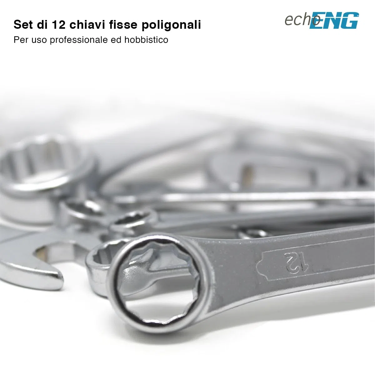 Serie di 12 chiavi fisse poligonali (6-32)mm DIN 838 in acciaio cromo vanadio di alta qualità, finitura lucidata a specchio con pratica custodia arrotolabile – FI 00 0013 echoENG