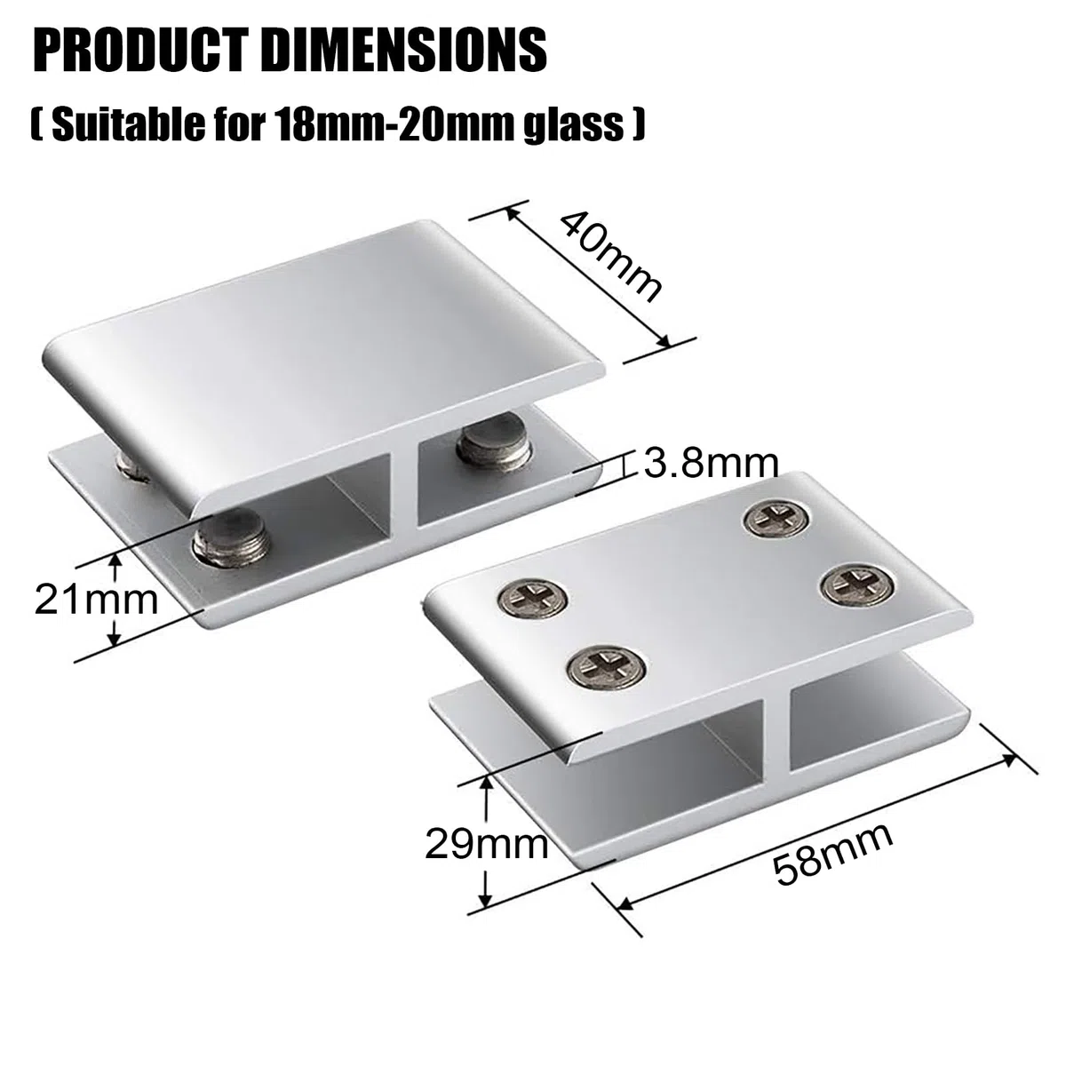 Morsetto vetro vetro per ringhiera in lega di alluminio da 4 pezzi, Clip per staffa di collegamento recinzione in vetro per balaustra in vetro morsetto per vetro,Argento,18mm~20mm