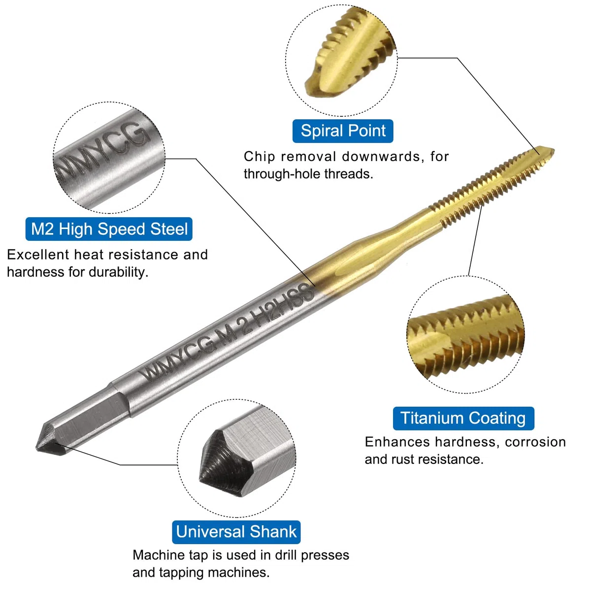 QUARKZMAN Set Maschi e Punte Trapano Metriche, 3pz M2 x 0.4 Maschi a Punta Elicoidale Rivestito Titanio e 3pz 1,6mm Punte Trapano Elicoidali Giallo Arrosto, Filettatura Maschiatura Viti