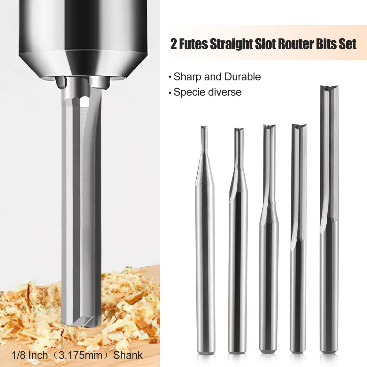 1/8 Pollice Shank 2 Flauti Dritto Slot Router Bits Set Diametro Bordo di Taglio (1mm 1.5mm 2.0mm 2.5mm 3.175mm Ciascuno 2 pz) Fresa per MDF PVC Acrilico Chipboard Legno