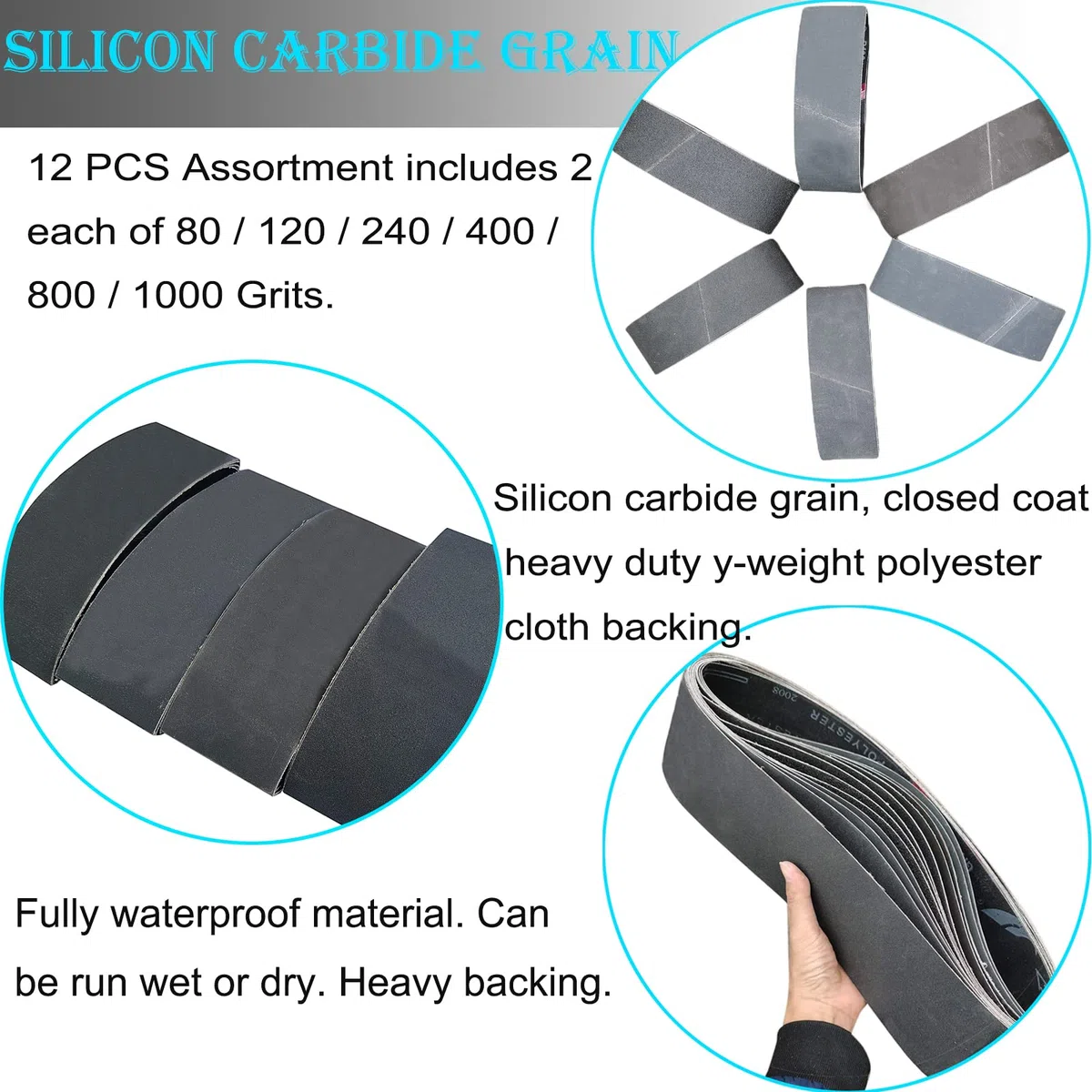 12 strisce abrasive in carburo di silicio, 10 x 91 cm, grana 80, 120, 240, 400, 800, 1000, per affilare coltelli e lavorare metalli