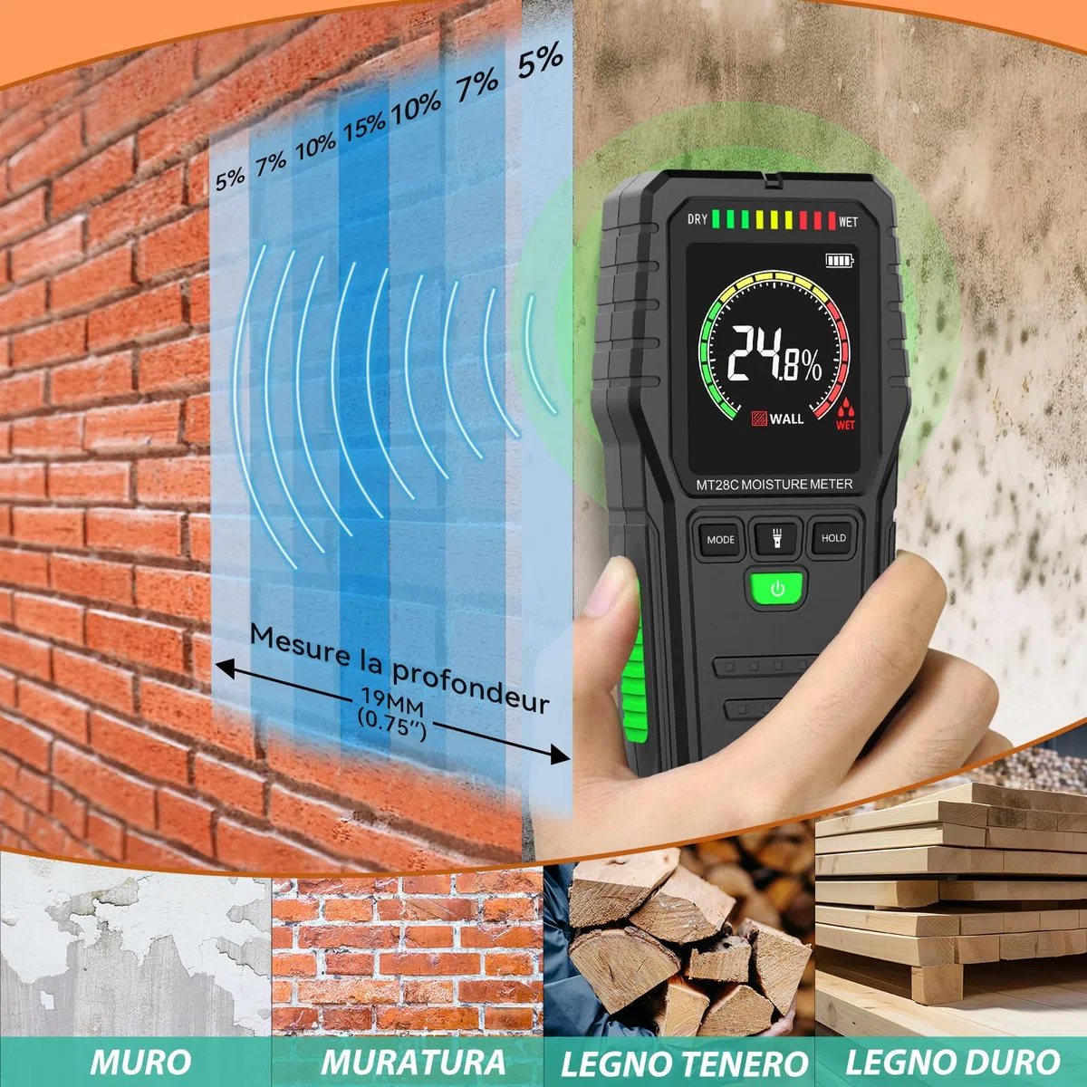 RDINSCOS Misuratore di Umidità per Pareti Misurazione Non Distruttiva Misuratore di Umidità del Legno con Display LCD Rilevatore di Umidità per Pareti, Legno, Caravan, Tetto, Pavimento