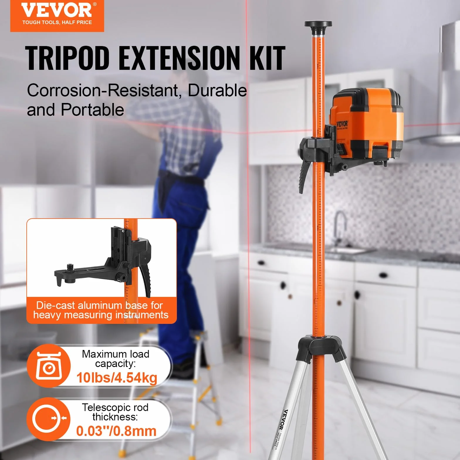 VEVOR Treppiede per Livella Laser, Attacco Filettato Regolabile Altezza 104-340 cm con Bolla di Livello Supporto Robusto, Asta Estensibile, Treppiede Alluminio Leggero Scanner Laser, Capacità 4,54 kg