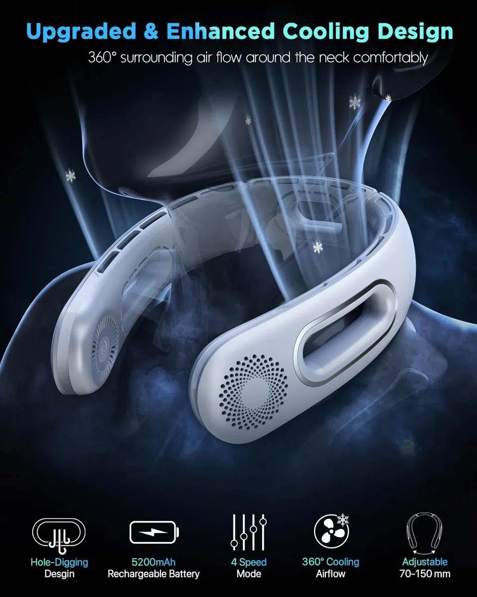 Ventilatore da Collo, Ventilatore Portatile Ricaricabile Senza Lama, Personale A Batteria Da 5200mAh, Indossabile a Mani Libere con 4 Velocità, Regolabile, Silenziosa - Bianco