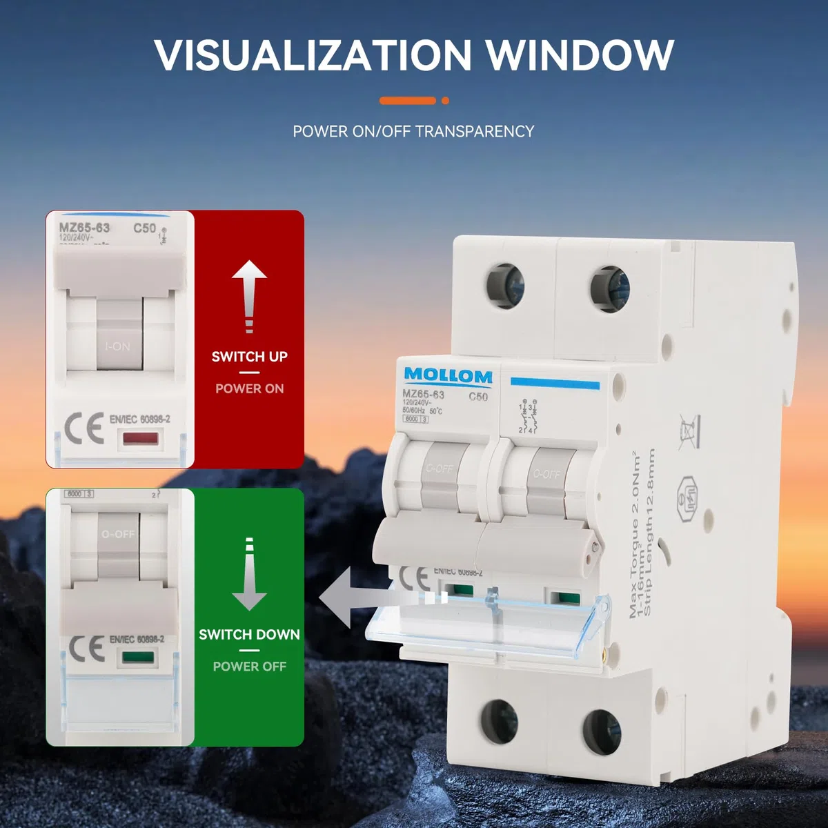 MOLLOM AC 2P Interruttore automatico miniaturo,110V-240V 25A,nterruttore termomagnetico MCB personalizzato con visualizzazione della scena,capacità di interruzione 6KA per sistema AC solare