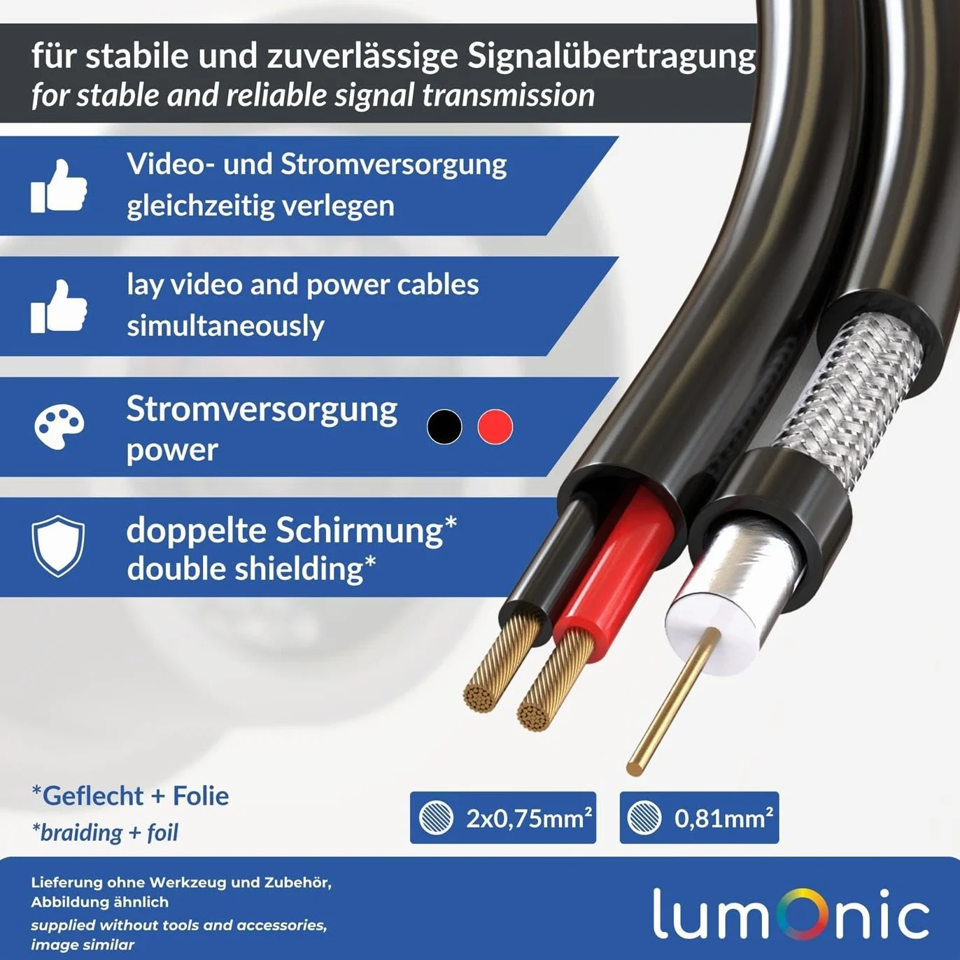 Lumonic RG59 RG59 Cavo coassiale + Linea elettrica 50m | Cavo di sorveglianza TVCC con alimentazione | Cavo combinato a 75 Ohm, Doppia schermatura, 90dB Smorzamento, Video + Elettricità