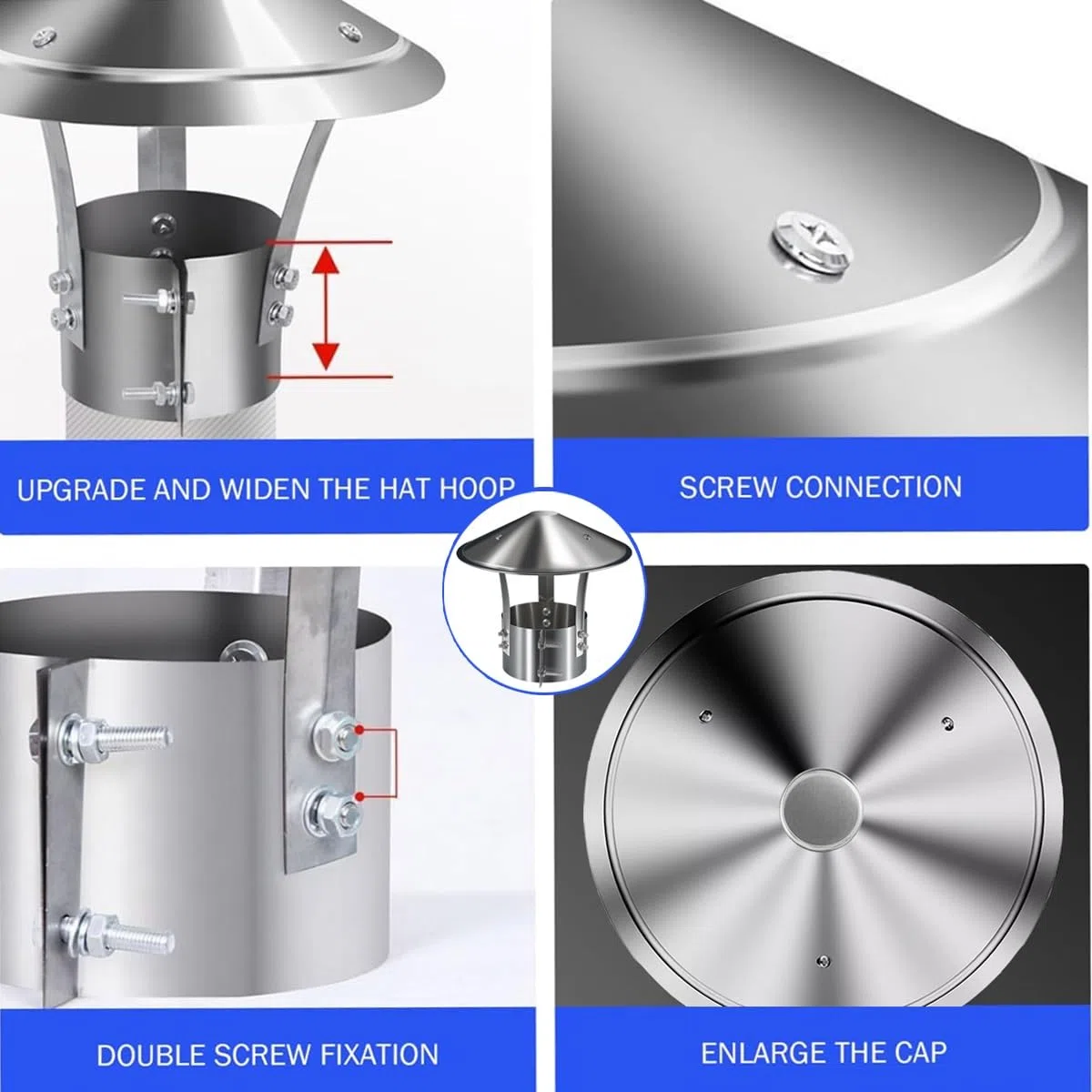 Comignolo In Acciaio Inox, Cappa per camino A Cono Copertura Del Camino Tetto Esterno Argento, Antipioggia per comignolo per condotti di stufe e caminetti(125 mm/4.92in)