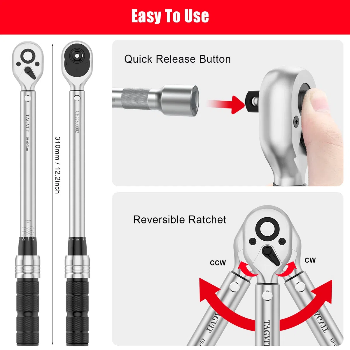 Chiave Dinamometrica 3/8", Alta Precisione ± 3%, 10-60 NM Chiave Dinamometrica con Una Scatola Portatile per Manutenzione Moto, Bicicletta, Auto