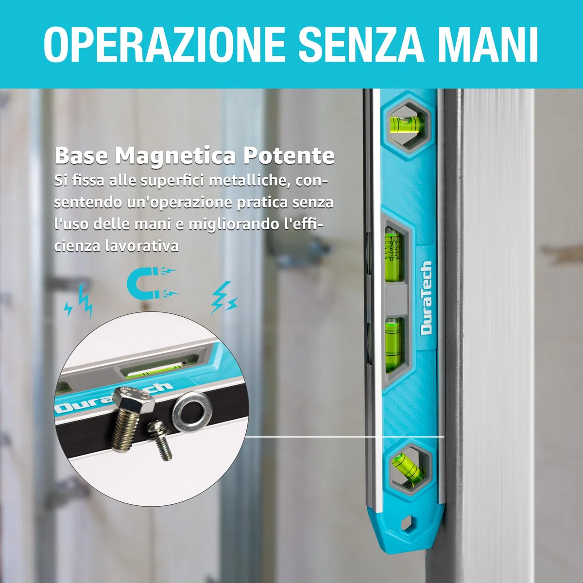 DURATECH Livella Torpedo Magnetica 300 mm con 4 Fiale ad Alta Visibilità – Angoli 45/0 / Pendenza a 5 Linee / 90 Gradi, Corpo in Lega di Alluminio, Base Magnetica Potente