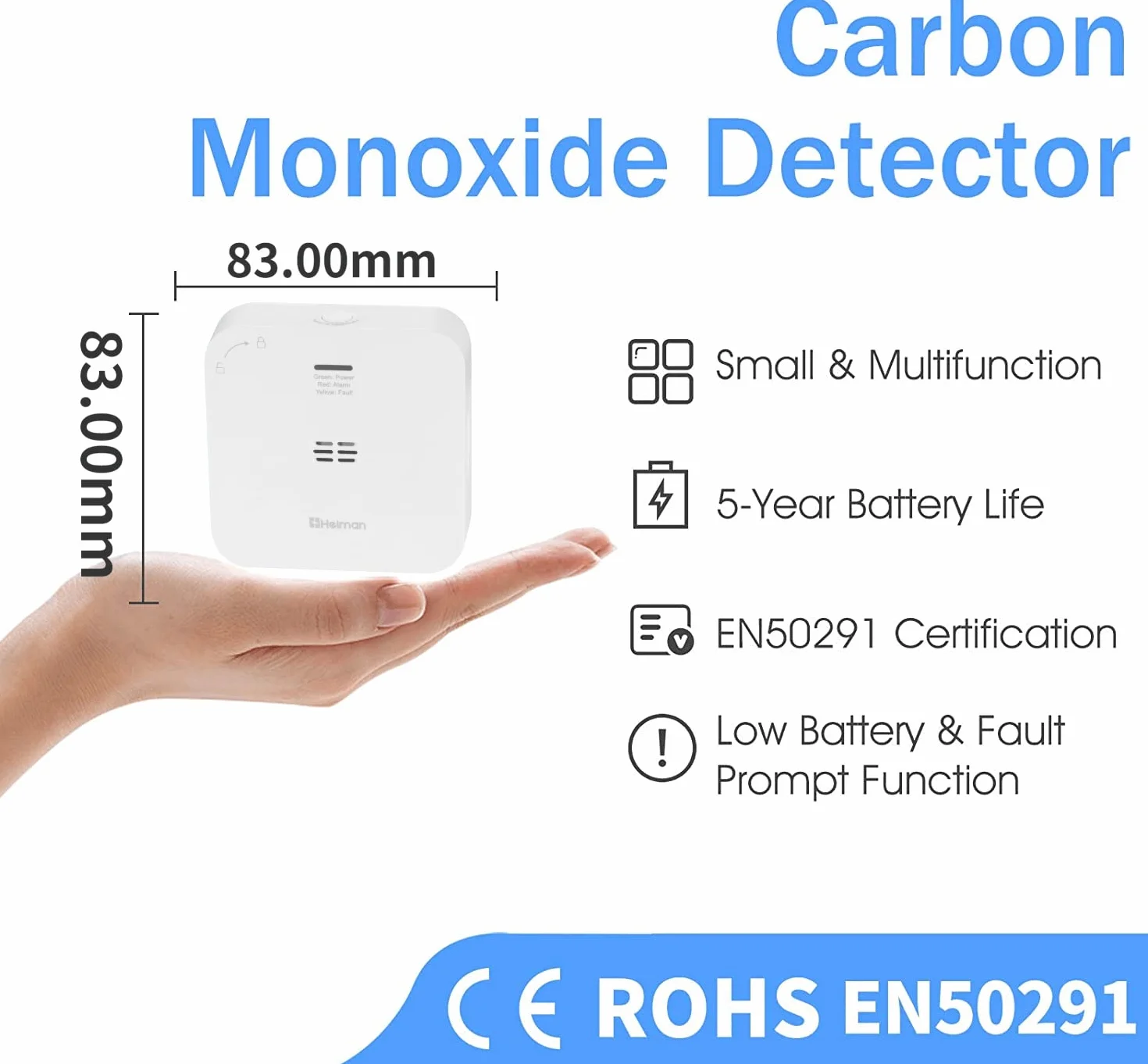 HEIMAN Rilevatore di monossido di carbonio certificato EN 50291, rilevatore di allarme CO, alimentato a batteria, sensore di 10 anni, (720ES)