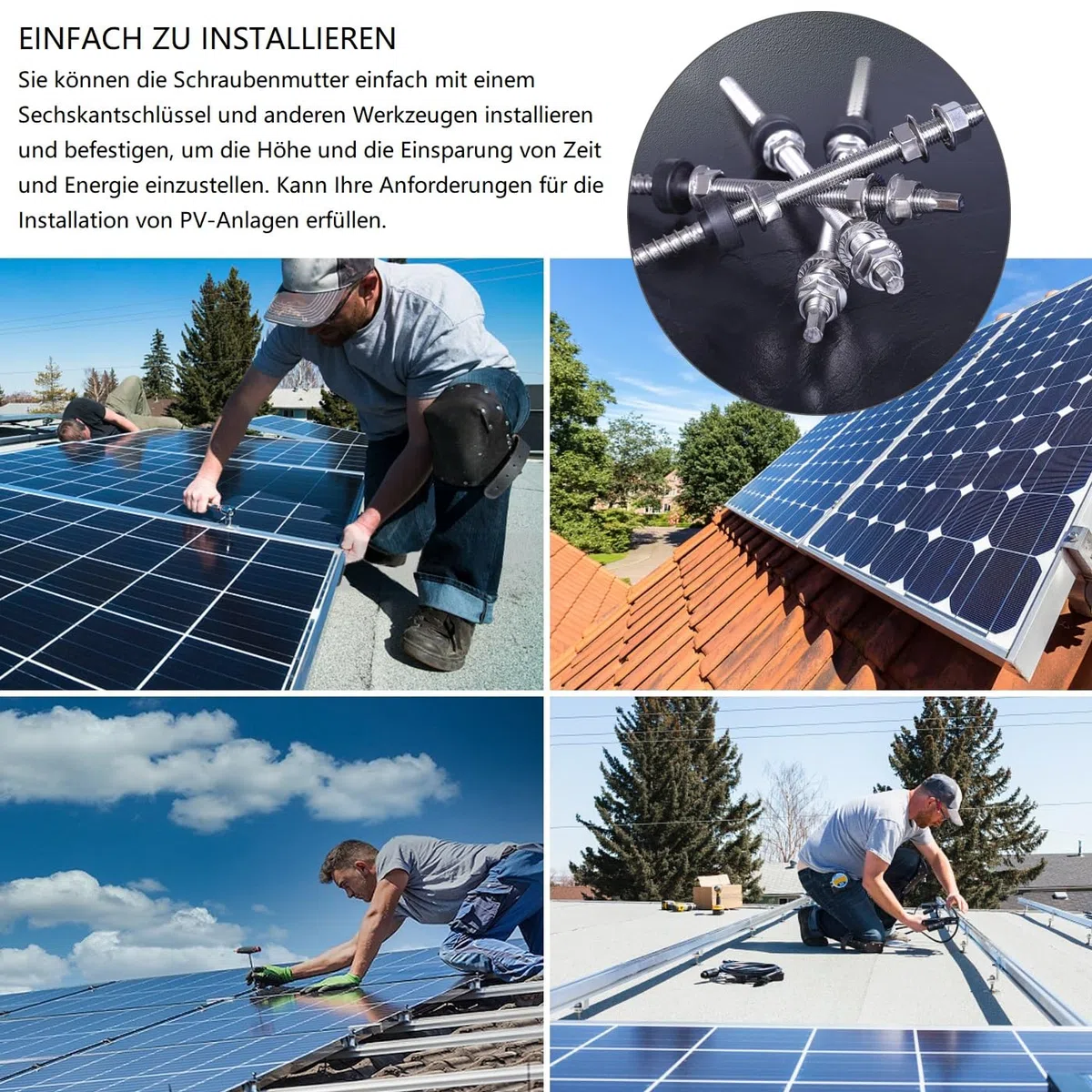 Viti prigioniere M10 x 200 mm, impianto PV (confezione da 6) in acciaio inox regolabile in altezza, tasselli per fissaggio solare fotovoltaico su tetti edifici. Materiale: acciaio inox (SUS304)