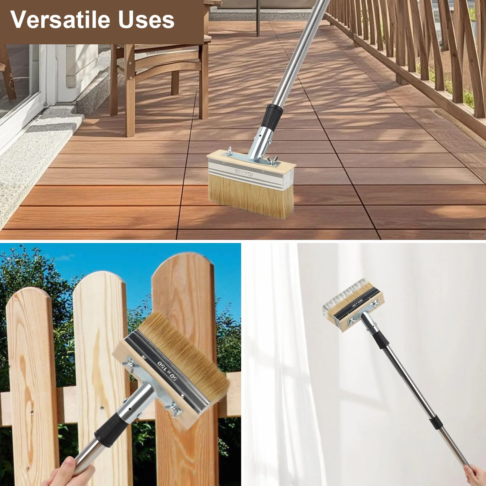 Spazzola per pittura da terrazza con manico telescopico – Pennello per vernice da 150 mm e spazzola da 3 pollici – con manico di prolunga da 152 cm – spazzola per pittura per terrazze in legno
