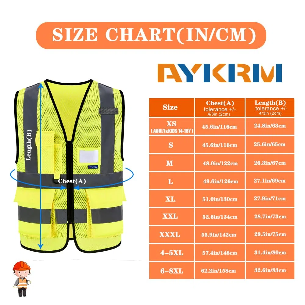 AYKRM Gilet ad alta visibilità con cerniera frontale ad alta visibilità gilet ad alta visibilità gilet con tasche per telefono e documenti
