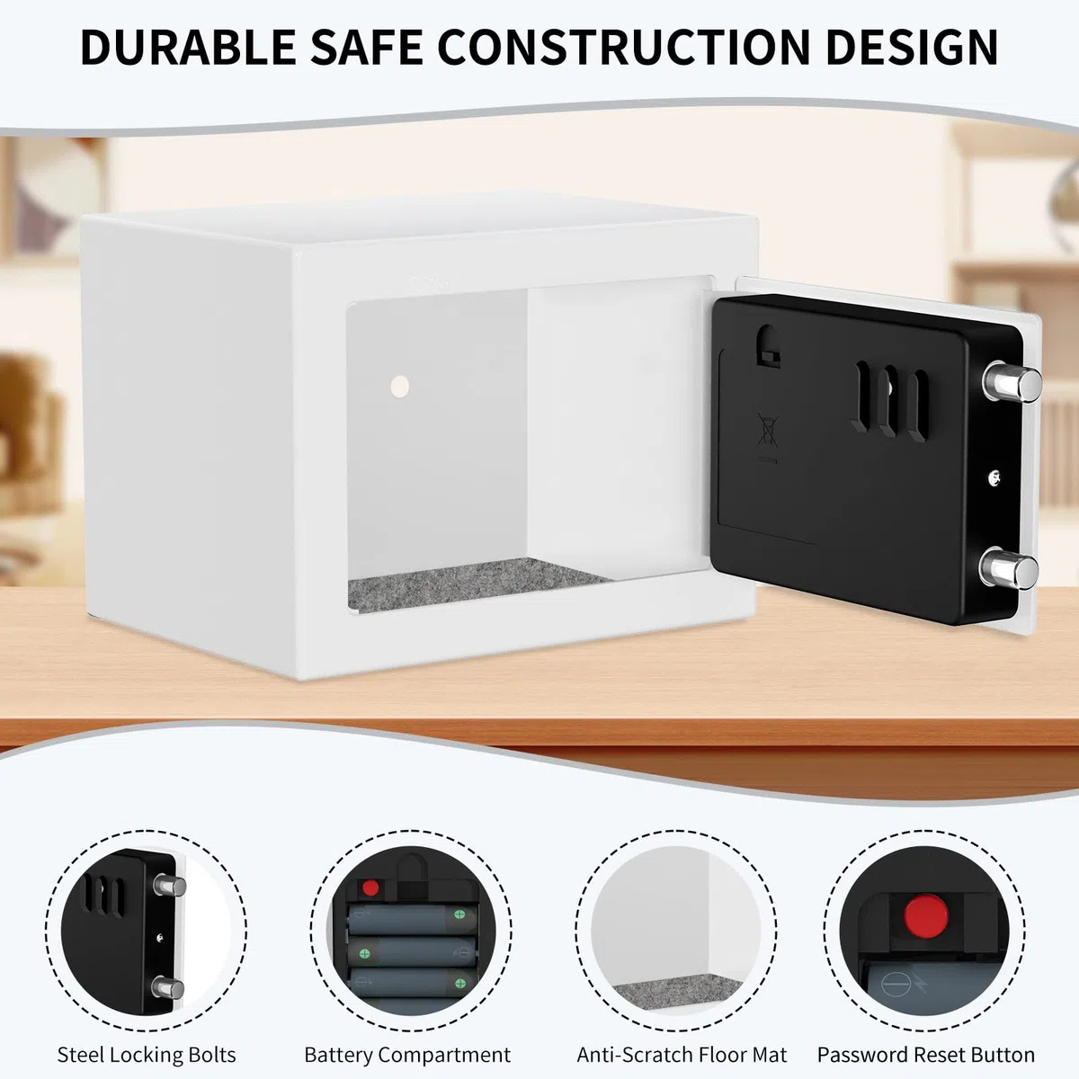 Cassaforte digitale da 6,8 l, piccola cassaforte per casa, cassetta di sicurezza elettronica, cassaforte da parete con 2 chiavi, mini cassaforte 23 x 17 x 17 cm, bianco