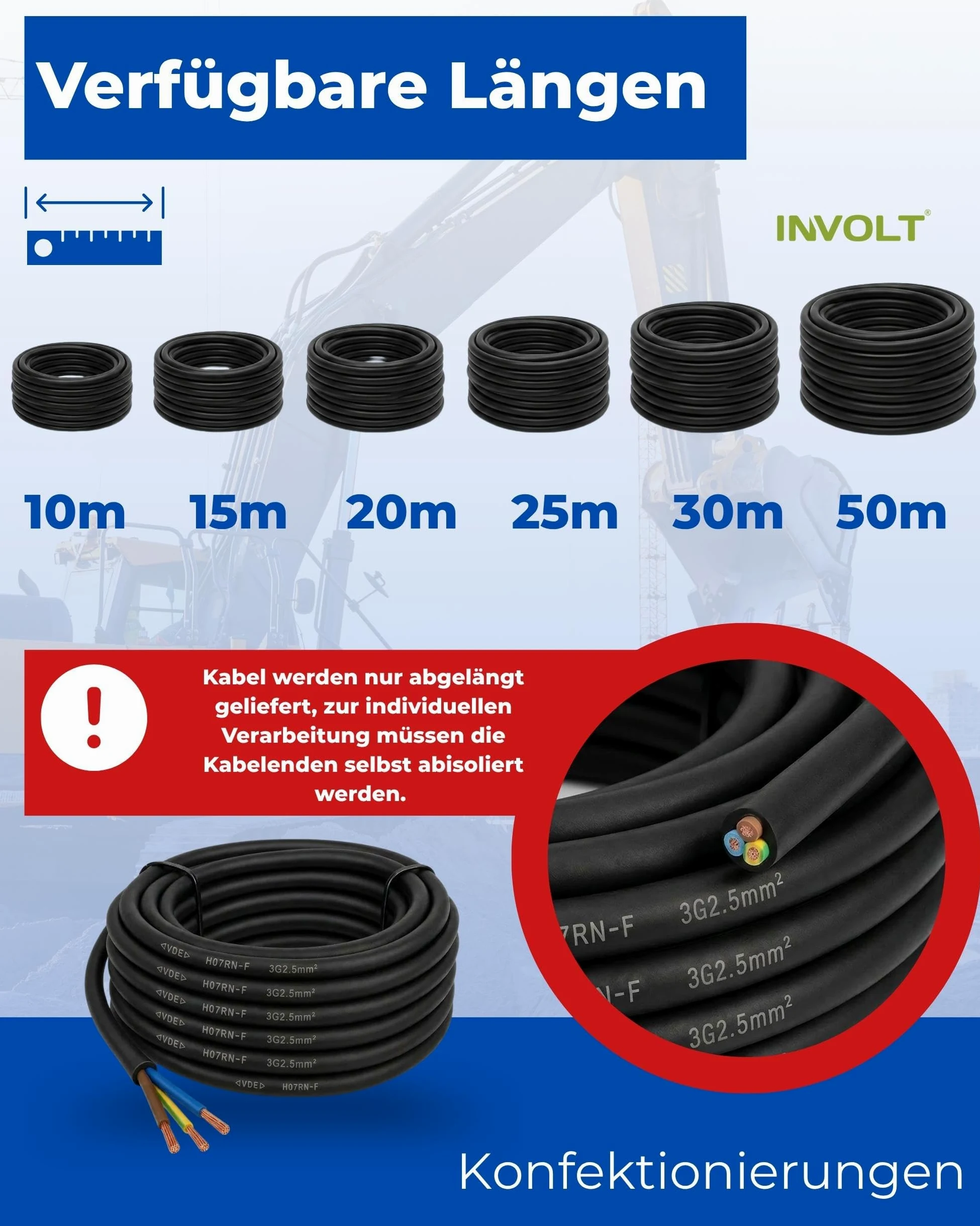 INVOLT Cavo di prolunga CEE, 10 m, H07RN-F 3G2,5 mm², cavo flessibile in gomma con conduttore di protezione, per esterni, cantieri, certificato VDE