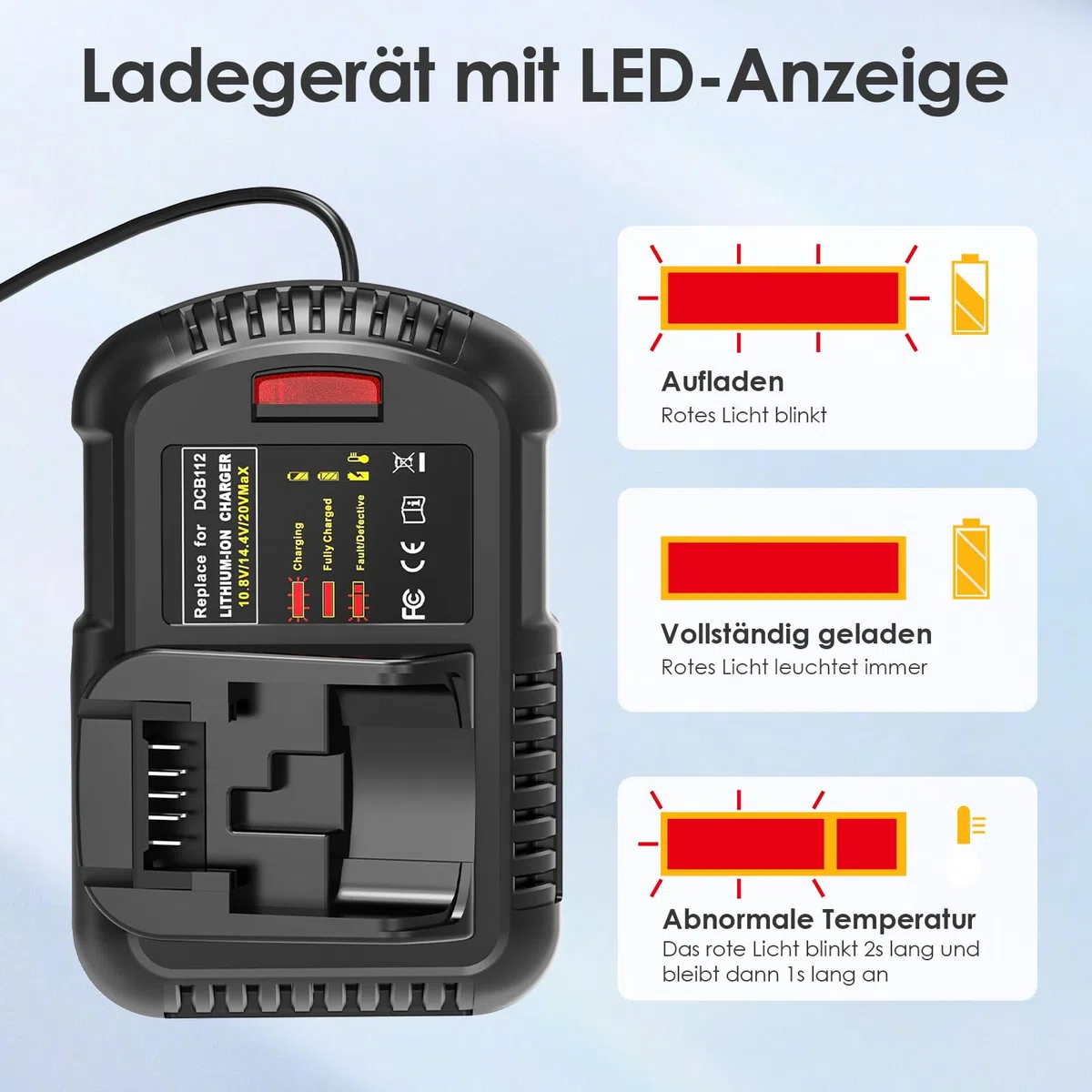 ASUNCELL Caricabatterie da 2,0 A 18 V per batteria DeWalt da 12 V-20 V, caricabatterie per DeWalt DCB112 DCB115 DCB203 DCB204 DCB205 DCB206 DCB201 DCB120 DCB127