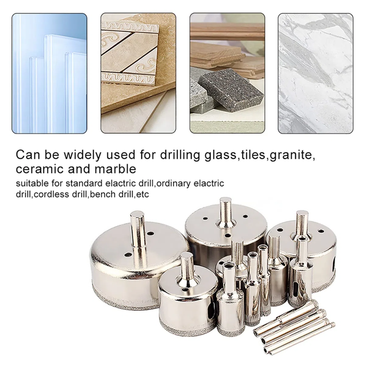 VBESTLIFE Punte per seghe a Tazza rivestite di Diamante, 14 Pezzi/Set 3-70mm Punte per a Tazza rivestite di Diamante per Piastrelle in Marmo/Vetro