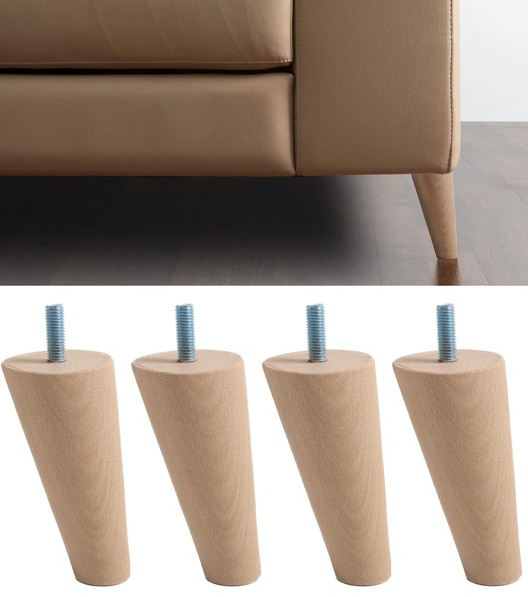 IPEA Piedini per Mobili e Divani alti 12 cm in Legno [Compatibili con Mobili IKEA] – Made in Italy – Inclinati con Forma a Cono – Vite M8 – Set di 4 Gambe per Armadi, Poltrone, Letto – Colore Chiaro
