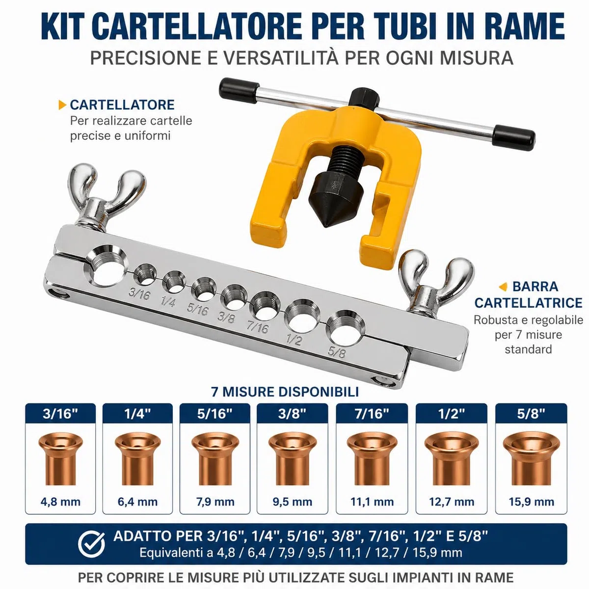 Topolenashop Macchina Cartellatrice Svasatrice Pagliettatrice per Tubi in Rame – Misure 3/16"-5/8", Attrezzo per Idraulica, Condizionamento e Refrigerazione