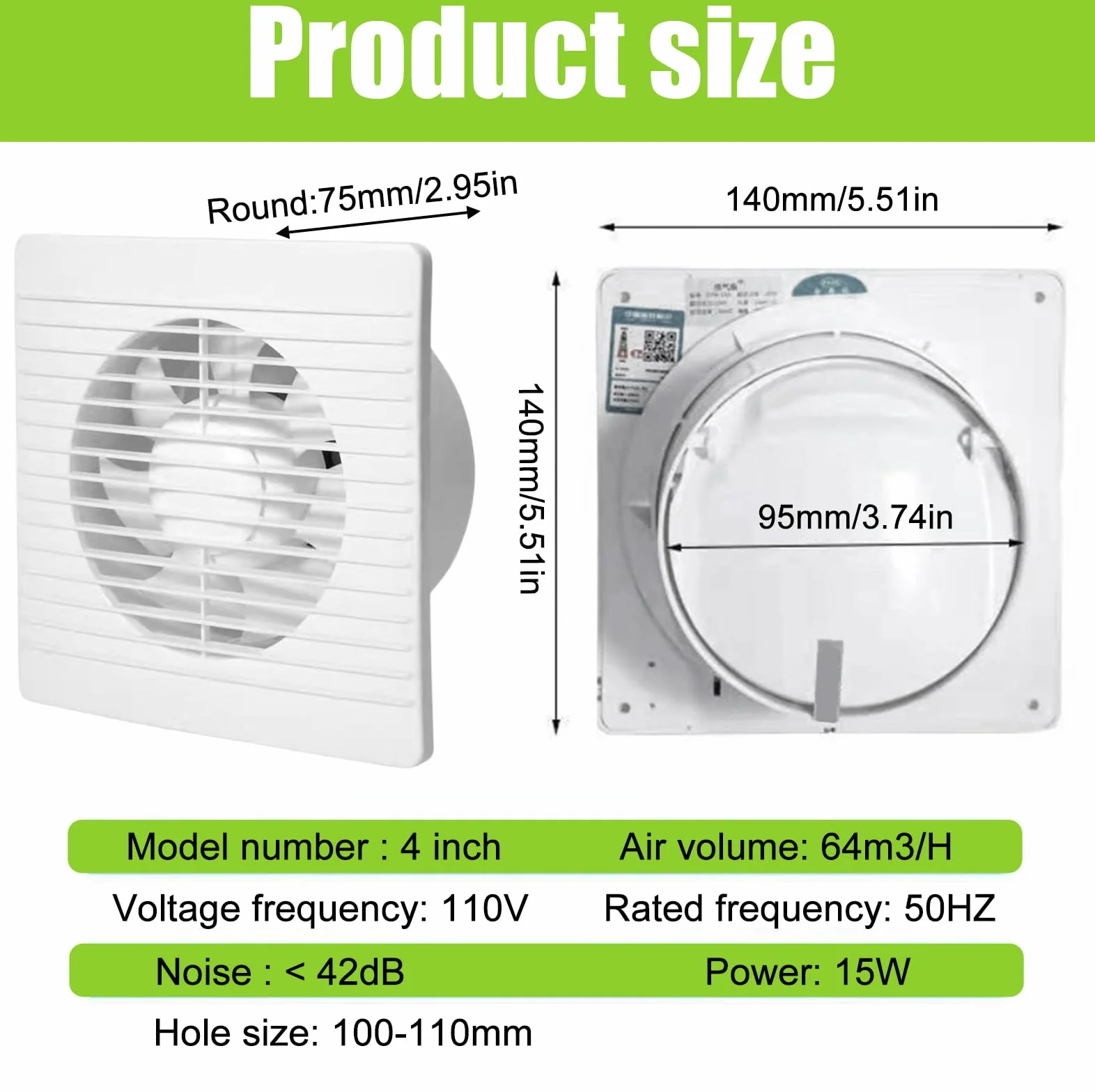 Nizirioo 1 pezzo 100mm Ventilatore da bagno: ventilatore a parete da 4 pollici con interruttore, funzionamento silenzioso, ventilatore di scarico per bagno, cucina, finestre del loft e cantina (Bianco