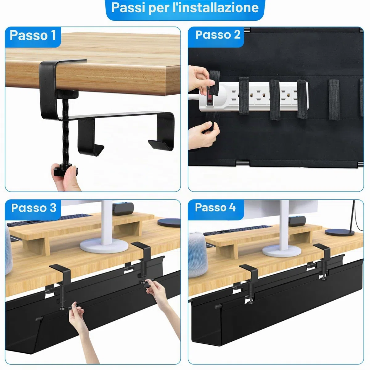 Raccogli Cavi Scrivania, Portacavi Sotto Scrivania, senza trapano, cestino per cavi da tavolo, La Gestione dei Cavi In Rete Cava,Morsetti/montaggio a vite, 70cm L, per Ufficio Casa e Gaming
