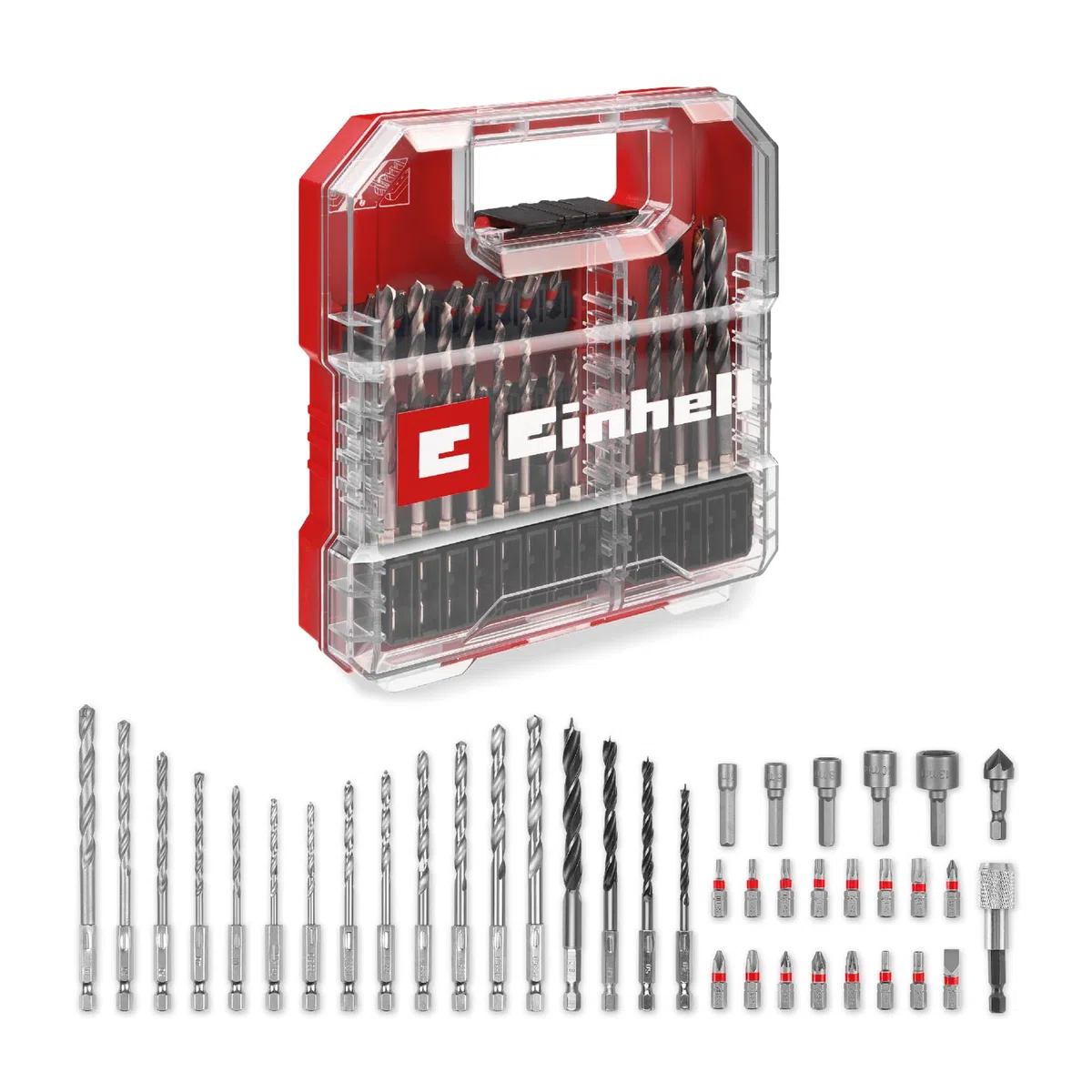 Set di punte e trapani originale Einhell L-CASE da 40 pezzi (punte da 25 mm, portapunte a cambio rapido, chiave a bussola, svasatore, punte per metallo, pietra e legno, inclusa scatola di custodia)