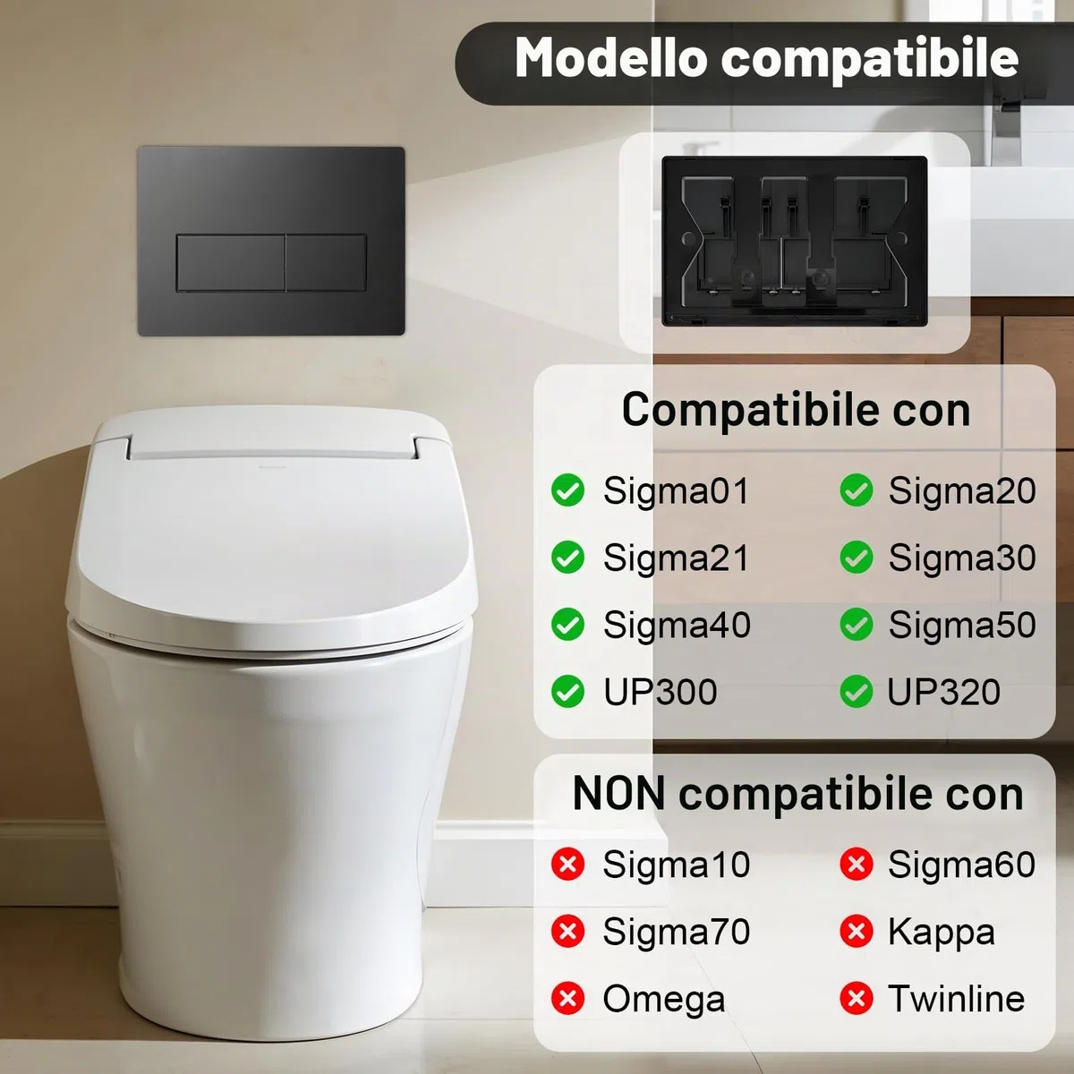 Placca di Comando WC, Compatibile con Geberit Sigma 01/20/21/30/40/50, UP300 e UP320, Piastra Doppio Scarico, con Leve di Scarico e Telaio di Montaggio (Nero)