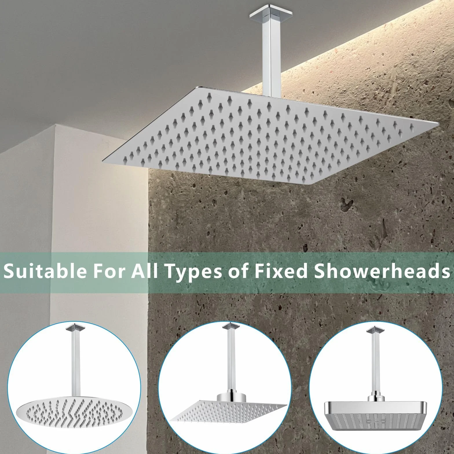 Voolan Braccio doccia con flangia, tubo doccia fisso montato a soffitto, braccio di ricambio dritto per doccia a pioggia in bagno, attacco universale 1/2 NPT (30 cm, quadrato)