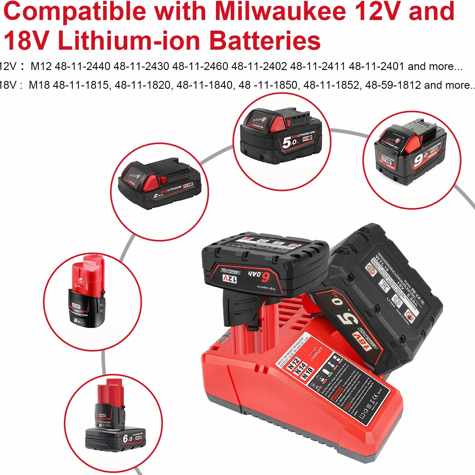 Powarobor Caricatore rapido multi-voltage 12 V 18 V compatibile con strumenti Milwaukee M18 18 V/M12 12 V agli ioni di litio