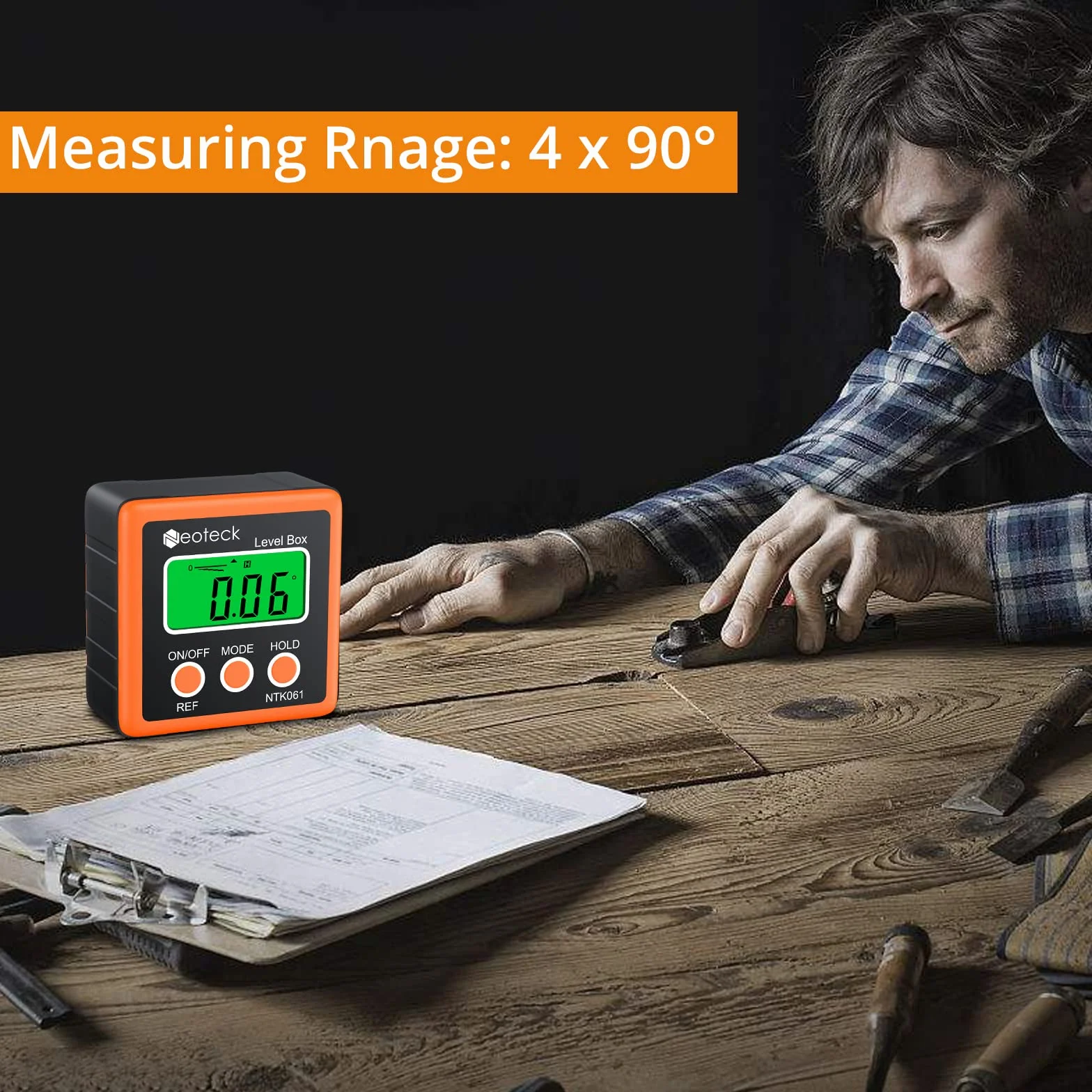 Neoteck Angle Finder Digitale/LCD Goniometro Inclinometro Impermeabile Digitale/Bevel Box Livello Misuratore Angolo Magnetico Auto Spegnimento - Colore Arancione