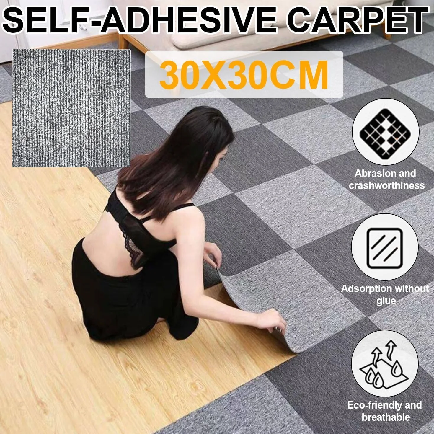 Set da 30 Moquette Pavimento Adesiva, Tappetini Antiscivolo Grigio Scuro 30 x 30 cm, Lavabili e Autoadesivi, Adatti per L'uso Domestico e in Ufficio, Possono Essere Ritagliati su Misura
