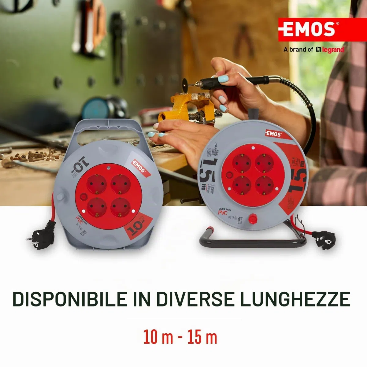 EMOS - Mini avvolgicavo 10 m - 4 prese Schuko - 230 V, 10 A, 2300 W - isolamento in PVC di alta qualità - H05VV-F3G 1,0 mm2 - con interruttore termico - IP20 per interni