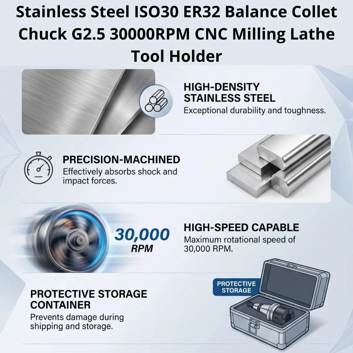 ISO30 ER32 Balance Collet Chuck Acciaio inossidabile G2.5 30000RPM CNC Utensile da tornio Portautensile Argento e nero