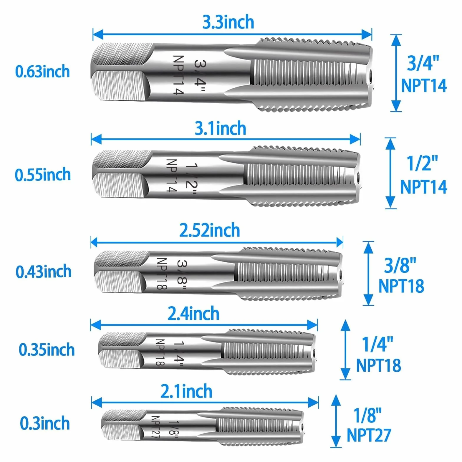 Set di Maschi per Tubi NPT 5 Pezzi, Maschi per filettare NPT in Acciaio al Carbonio 3/4 1/2 3/8 1/4 1/8 Pollici con Custodia, Set di Maschi NPT per filettature Precise