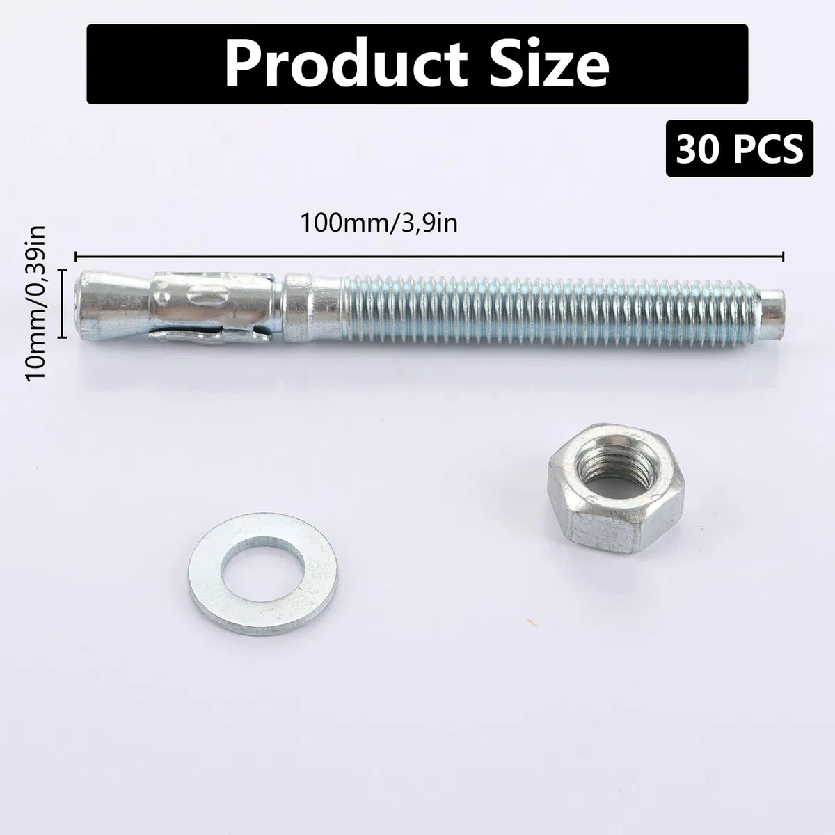 AKOLAFE 30 pezzi tasselli pesanti M10 x 100 mm zincati tasselli pesanti M10 in acciaio inox tasselli pesanti M10 tasselli a cuneo tasselli di ancoraggio per boti, cartongesso