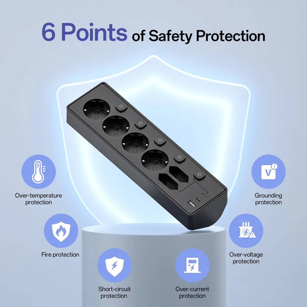 Ciabatta Multipresa con USB, 6 Prese di Corrente e 3 USB, PD 30W Ciabatta Elettrica with Surge Protection, Multipresa Elettrica di da 2 M con Interruttore per Scrivania, Ufficio, Casa