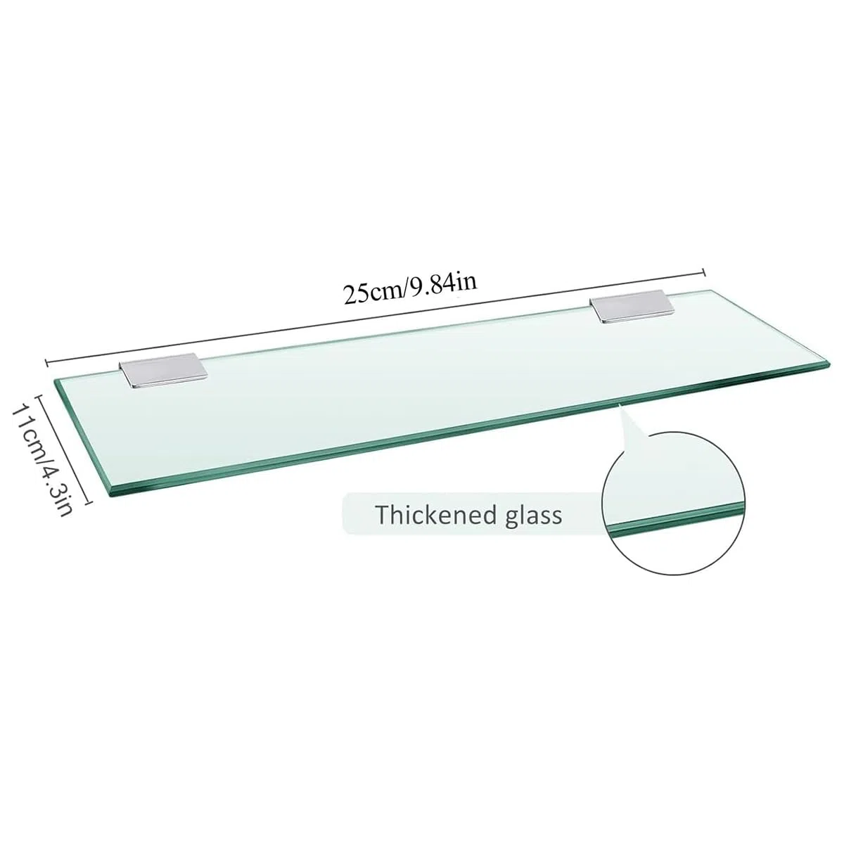 Mensola per Doccia Ripiani in vetro Temperato Mensola da parete in vetro da 8 mm Mensola da parete in acciaio inox cromato staffa per bagno e cucina (25CM)