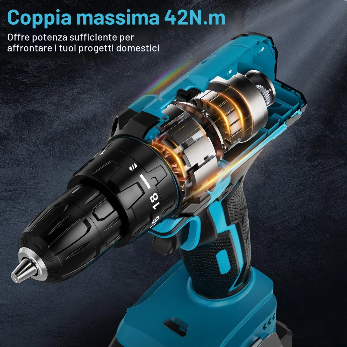 Trapano Avvitatore Batteria 21V, LEEIKOO Avvitatore Elettrico con Batteria da 2.0Ah, 42N.m di Coppia, 2 Velocità, 18+1 Coppia, 20 Accessori, Luce a LED, Per il fai da te, in Casa e Giardino