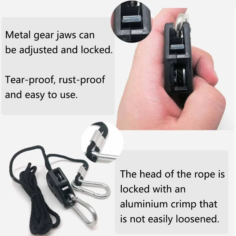 Confezione da 4 ganci a cricchetto, corda regolabile a cricchetto, 1/8 pollici, robusta clip per puleggia per gancio e tenda, portata 68 kg/150 lbs