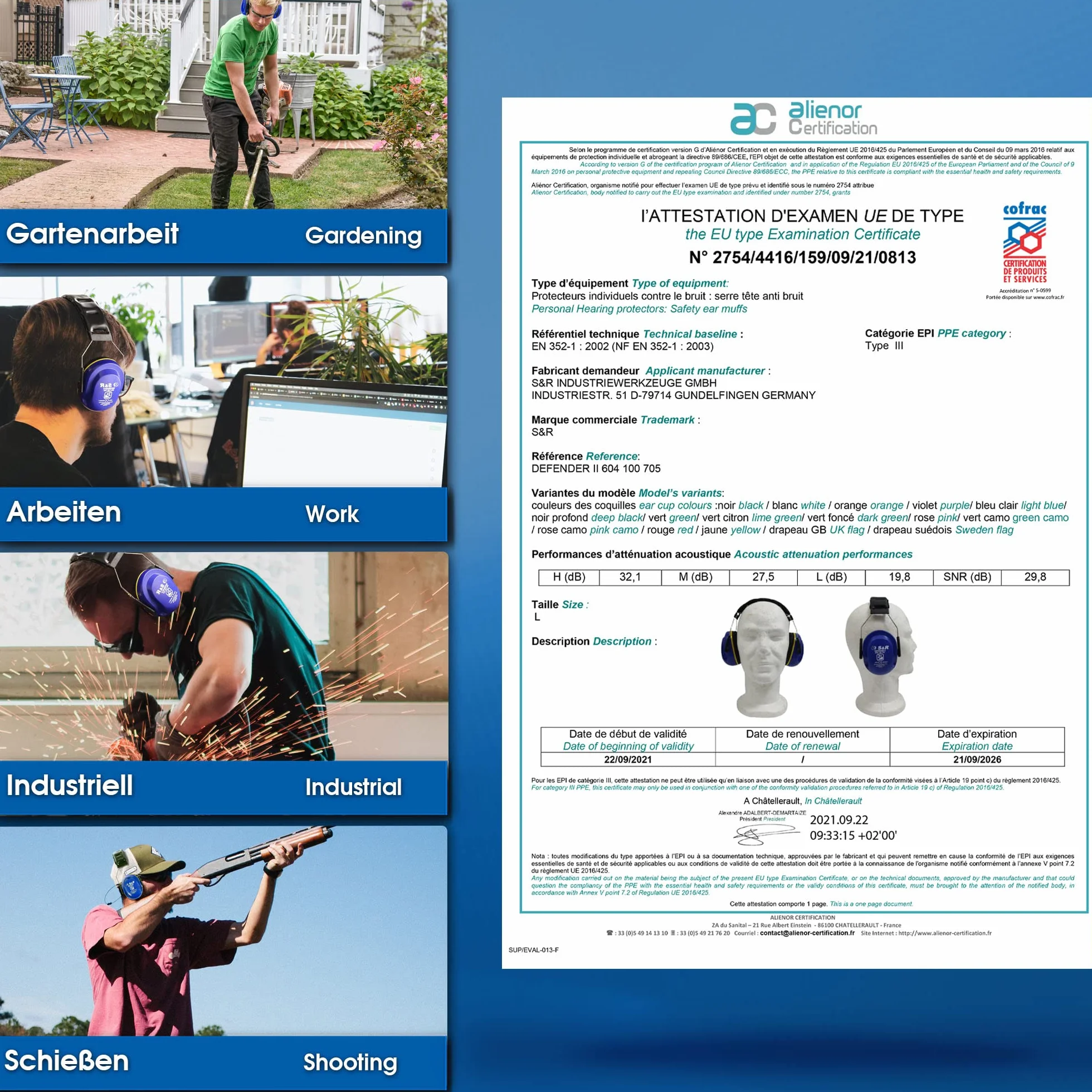 S&R Cuffie Antirumore Alta Attenuazione del Rumore (SNR 29,8 dB) Protezione udito per Tiro caccia Lavoro, Studio, Giardinaggio, Bricolage. Cuffie insonorizzanti Certificate in EU