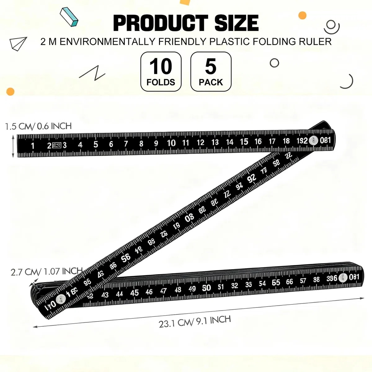 5 Pezzi Righello PieghEvole 2 Metri, Metro a Nastro Plastica Nero con Scala Duplex, Metro Pieghevole, Misuratore 2m Gliedermaßstab
