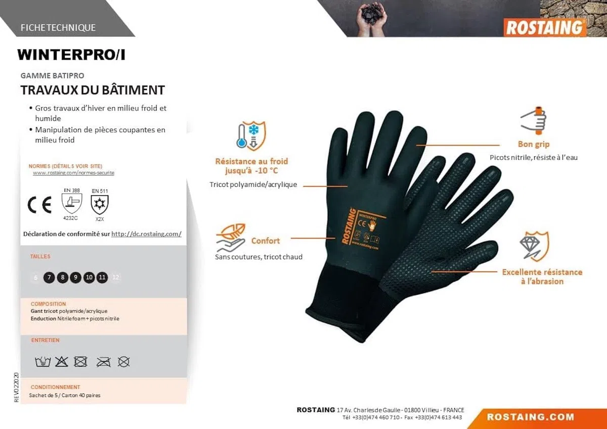 Guanti ROSTAING WINTERPRO - Paia di guanti da lavoro - Neri - Invernali - Ideali per lavorare in ambienti umidi e freddi - Impermeabili - Comfort - Resistenza al freddo