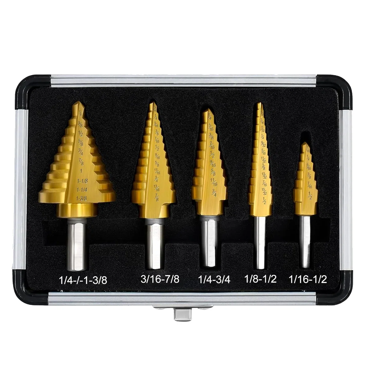 5 Pezzi Fresa Conica per Metallo, Punta Conica Trapano HSS in Titanio (5 – 13 mm, 3 – 13 mm, 6 – 19 mm, 5 – 22 mm, 6 – 35 mm), Legno, Svasatore Frese per Metallo con Custodia in Alluminio